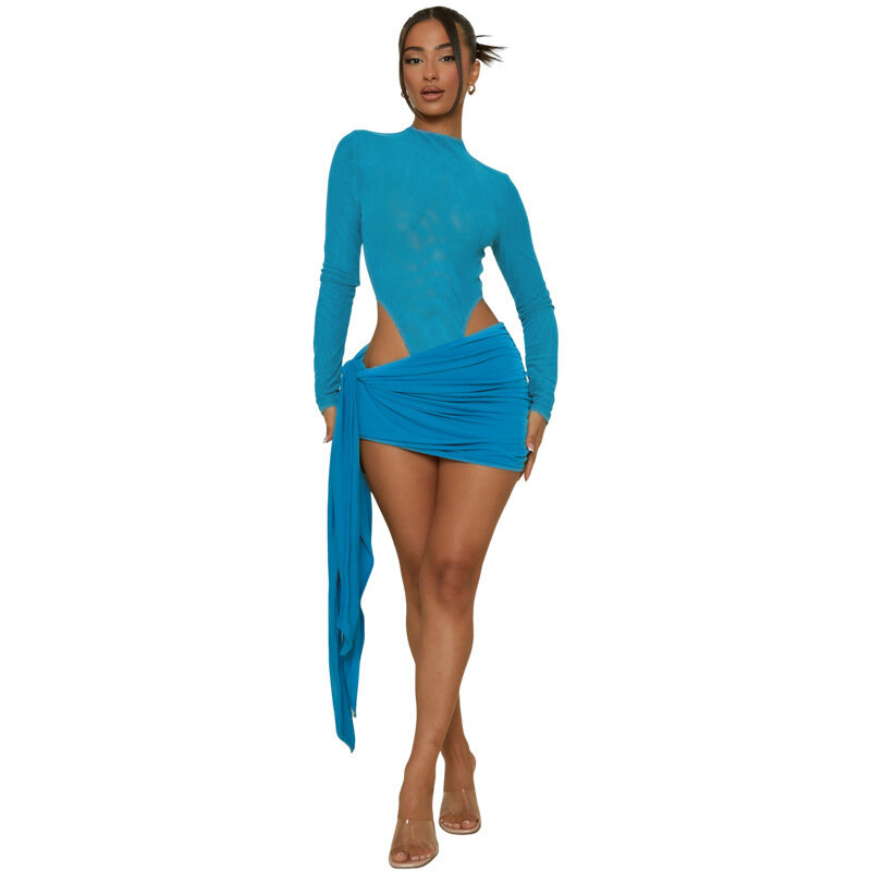 Chamliforve 2023 Fall Sexy Slim Bodysuit Bandage Skirt 2 Piece Sets Long Sleeve Solid Women Outfit Birthday Party Nightclub