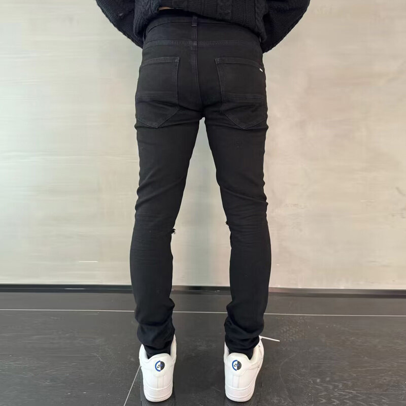 Street Fashion Men Jeans Black Stretch Skinny Fit Ripped Jeans Beading Patched Designer Hip Hop Brand Pants Men Punk Trousers