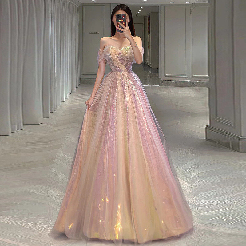 New Evening Dress Mesh Wedding Bride Slimming One Shoulder Female Party Dresses Prom  Banquet Fairy Elegant