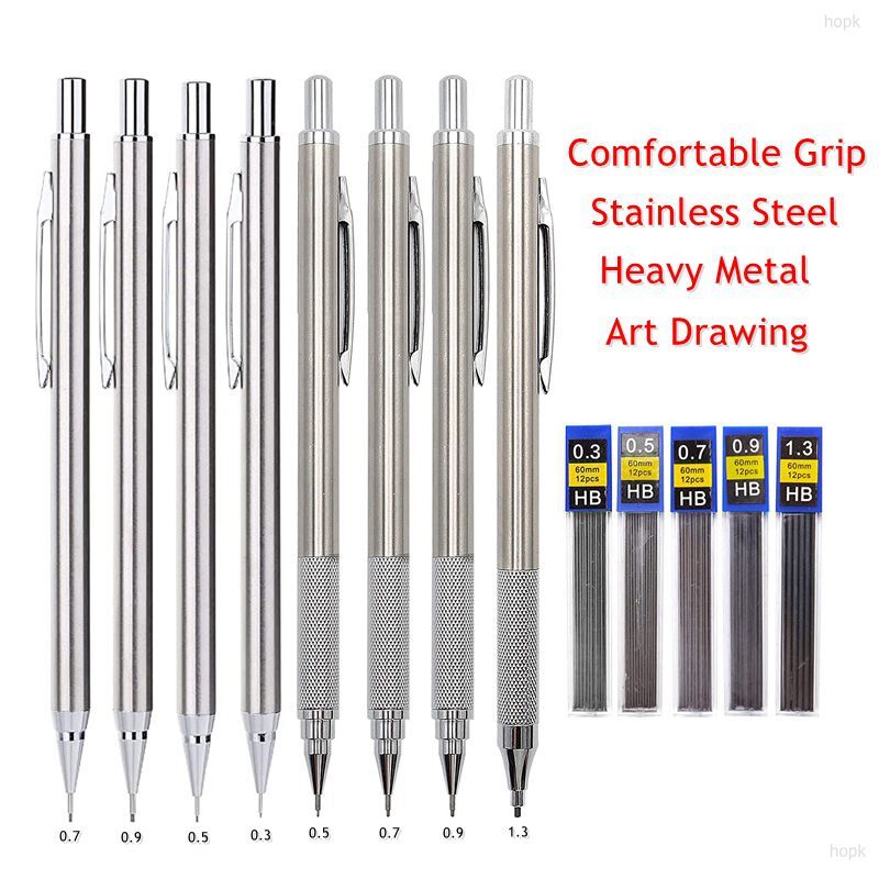 مجموعة أقلام الرصاص الميكانيكية المعدنية مع عبوات الرصاص صياغة قلم رصاص تلقائي 0.3 ، 0.5 ، 0.7 ، 0.9 ، 1.3 ، 2.0 مللي متر 2B HB للوازم الفنية