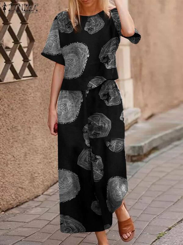 ZANZEA 보헤미안 프린트 반팔 바지 세트, 여성 캐주얼 코튼 매칭 세트, 꽃무늬 와이드 레그 운동복, 2023 여름