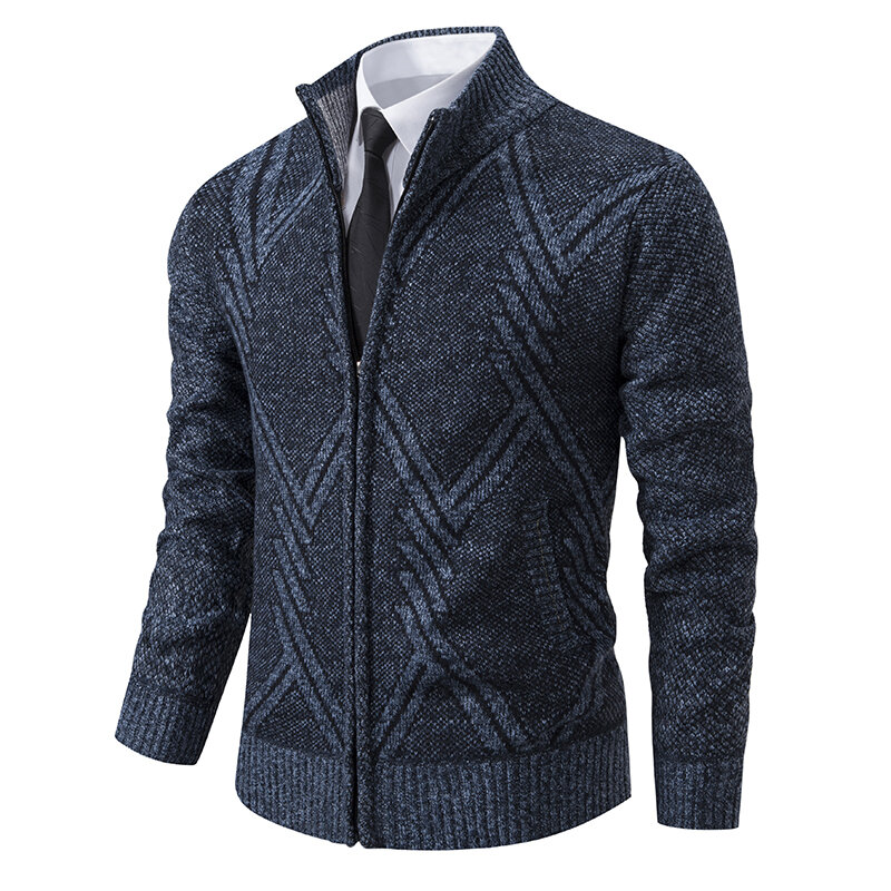 Veste zippée à col montant en tricot géométrique pour hommes, manteau mince, pull décontracté, vestes intelligentes, mode automne et hiver