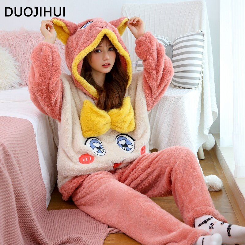 DUOJIHUI Winter New Hooded Thick Warm Cute Female Pajamas Set Fashion Printing Loose Simple Casual Spell Color Pajamas for Women