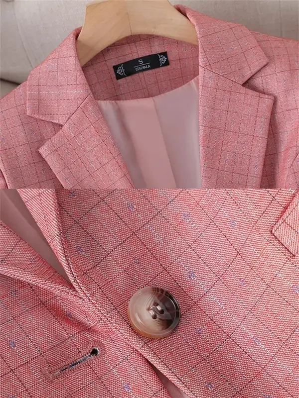 女性のための市松模様のフォーマルジャケット,長袖,シングルボタン,作業服,オフィスの服,フェミニンなコート,ピンクと黒