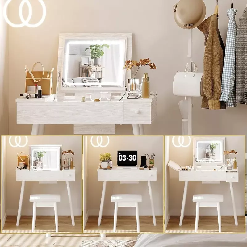 Makeup Vanity Organizer Black Home Furniture Luxury Vanity Desk Set With LED Lighted Mirror & Power Outlet for Bedroom Bathroom