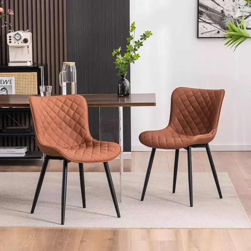 Coffee Brown Dining Chairs Set of 2 Mid Century Modern PU Leather Diamond Upholstered Accent Guest Dinner Chair with Back Metal