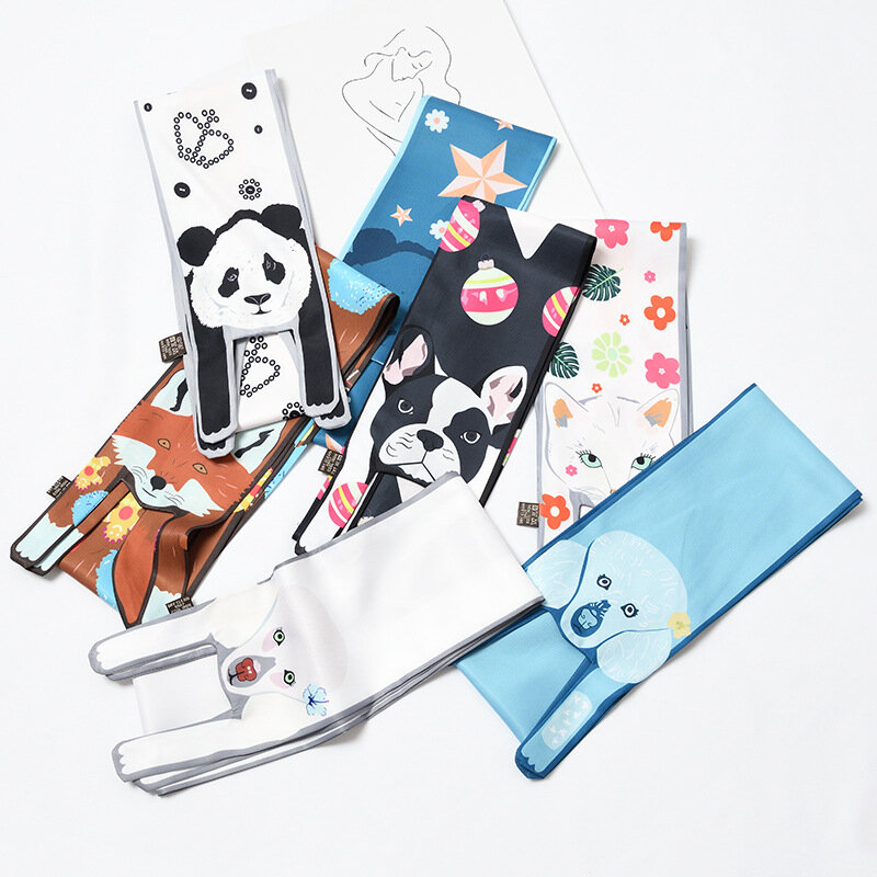 2022 새로운 실크 만화 동물 스카프 여성 일본 한국 긴 패션 개성 타이거 고양이 개 여성 스카프 가방 장식 실크