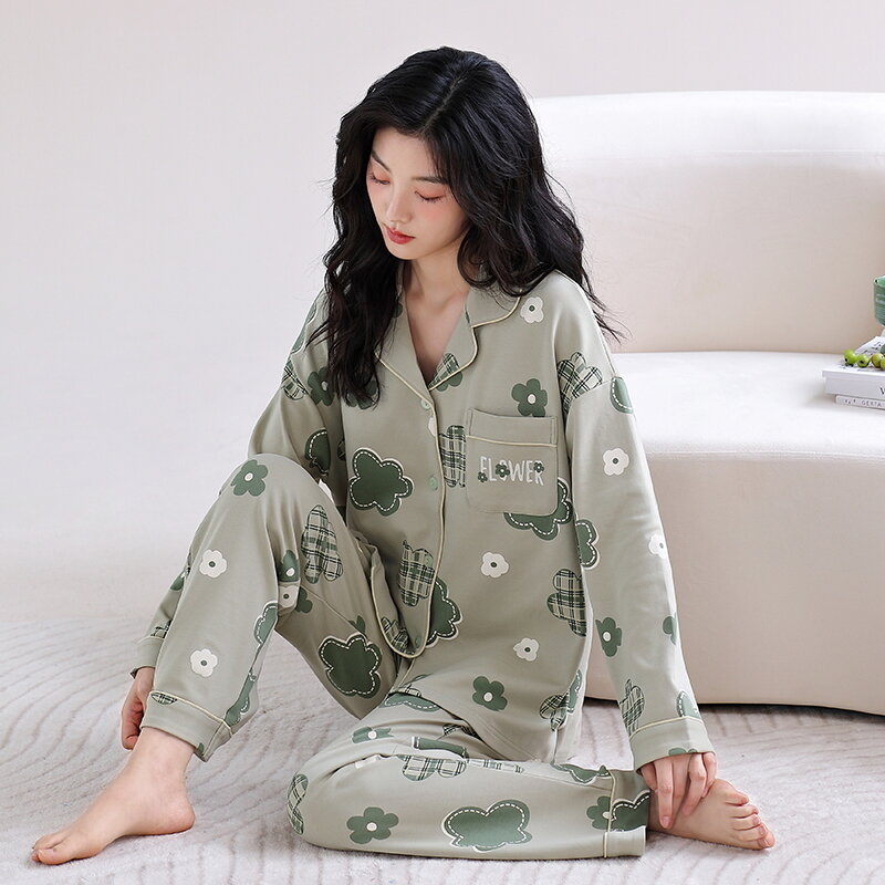 Pijama de algodón con almohadilla para el pecho para Mujer, traje de dormir de manga larga, informal, 3XL talla grande, otoño