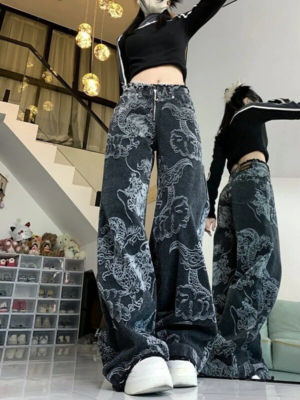 Джинсы женские с вышивкой дракона, модные облегающие прямые брюки с широкими штанинами в американском стиле, повседневные штаны в стиле граффити, Y2K