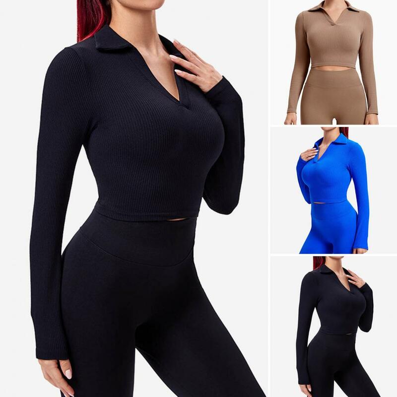 Women Sports Blouse Turn-down Collar Solid Color Long Sleeves Sweat Absorption Pullover Comfortable Soft Short Pattern Lady Yoga