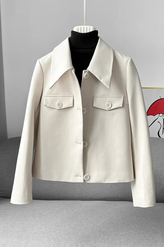 女性のための本革のコート,女性のための薄いシープスキンスーツ,婦人服,白いアウター,新しい春と秋の服,2024