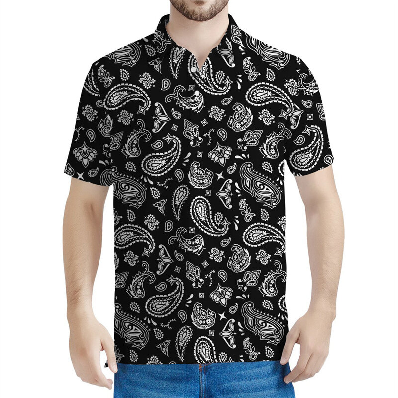 남성용 블랙 화이트 페이즐리 3D 프린트 폴로 셔츠, 보헤미안 플로럴 패턴 반팔, 여름 라펠 티, 캐주얼 단추 티셔츠