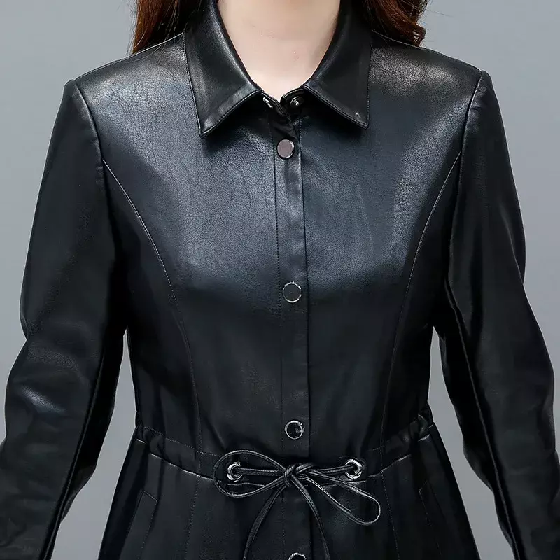 Korean Fashion Leather Coat Lapel Mid Length Leather Jacket for Women 2023 Autumn Slim Casual Windbreaker Coats Veste Cuir Femme
