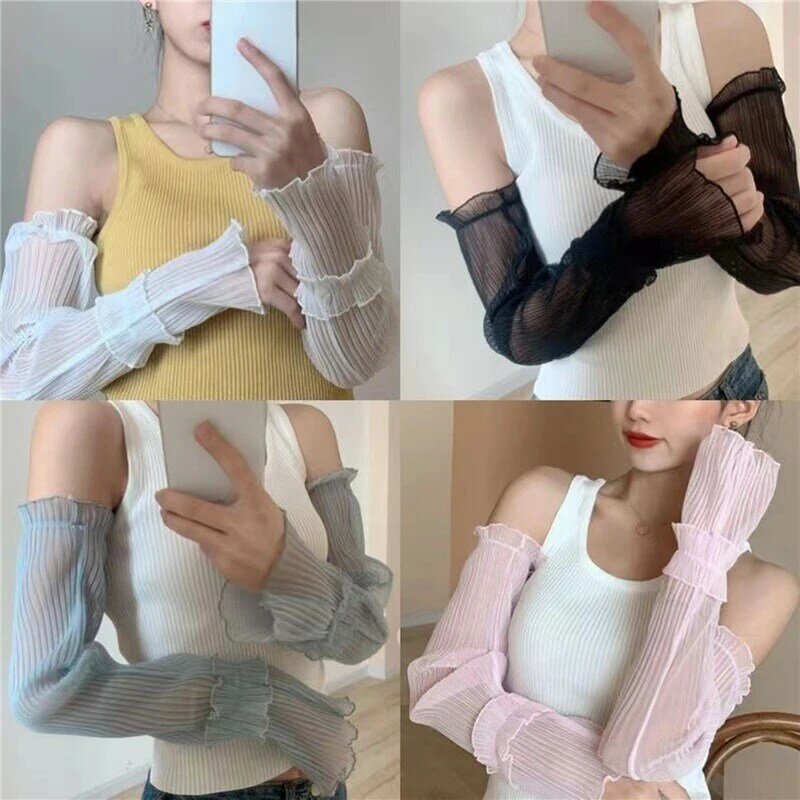 Women Summer Long Lace Mesh Fingerless Gloves Sun Protection Arm Sleeves Driving Cycling Breathable Mittens Oversleeve