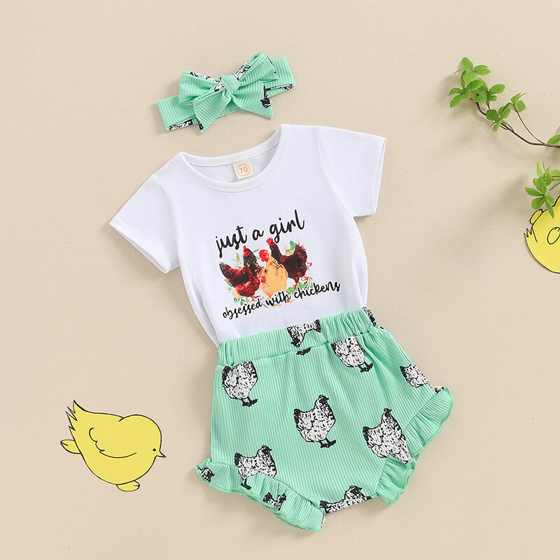 Baby Girls' Short Sleeve Chicken Print Romper, Shorts e Headband Set, roupas de fazenda, roupa de verão, 2024, 04, 09, 09