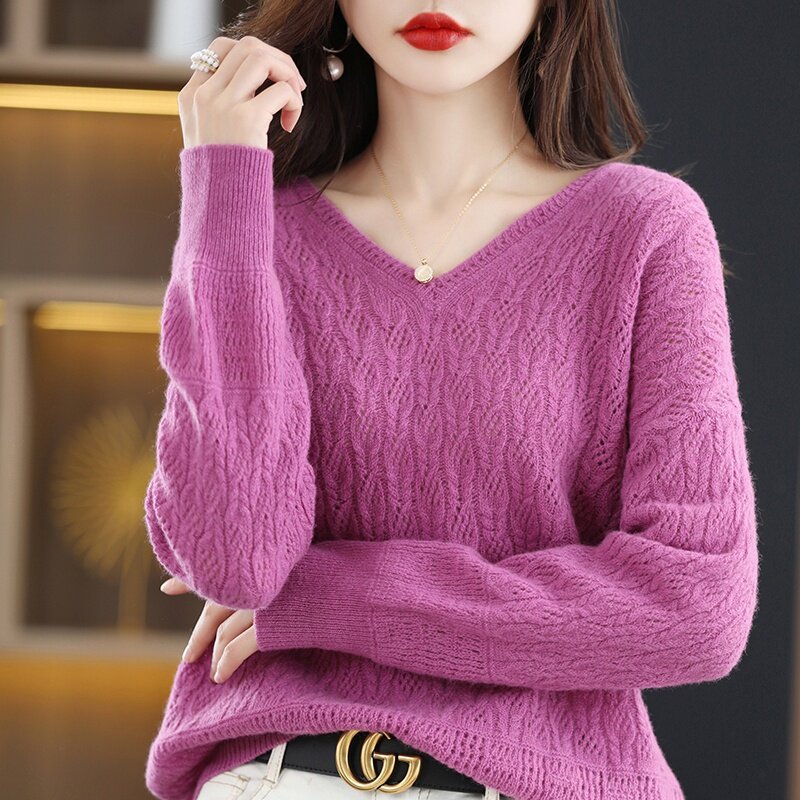 여성 스웨터 100% 순수 울 브이넥 구멍 장식 니트 스웨터 얇은 이너 셔츠 짧은 느슨한 재킷 유형 한국 스타일 버전 22
