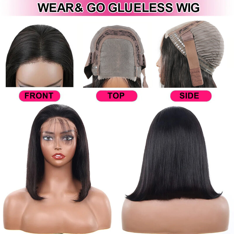 150% Glueless 4x4 6x4HD Lace Closure Bob Wig Silky Straight Short Bob Preplucked HD Transparent Lace Human Hair Wigs Ready To Go