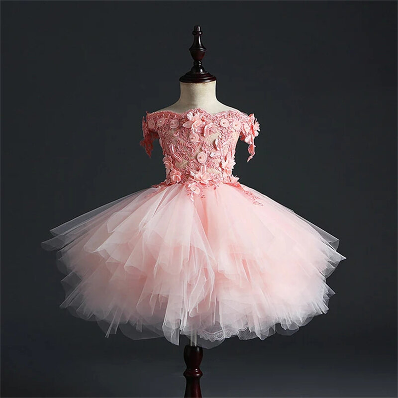 ชุดเดรสเด็กผู้หญิงดอกไม้สีชมพูแบบถอดได้สำหรับงานแต่งงานชุดเดรสผ้าทูลเปิดไหล่ชุดไปงานเต้นรำเด็กเล็ก