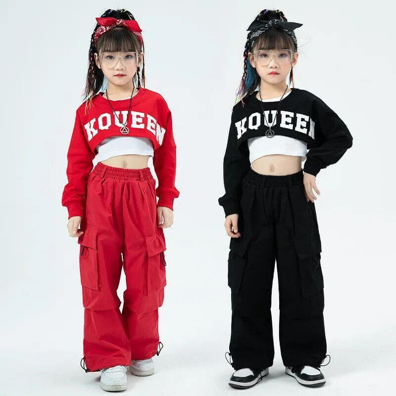 Kid Hip Hop Clothing Crop Top Long Sleeve Sweatshirt Casual Wide Flap Pockets Cargo Pants for Girls Jazz Dance Costume Clothes
