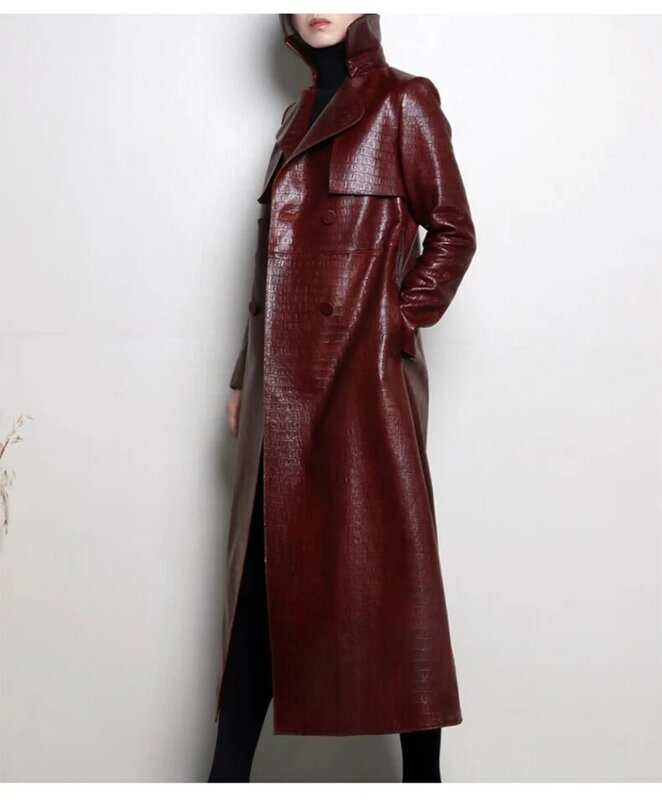 여성용 긴 광택 반사 특허 인조 가죽 트렌치 코트, 벨트 더블 브레스트 럭셔리 디자이너 의류, 가을
