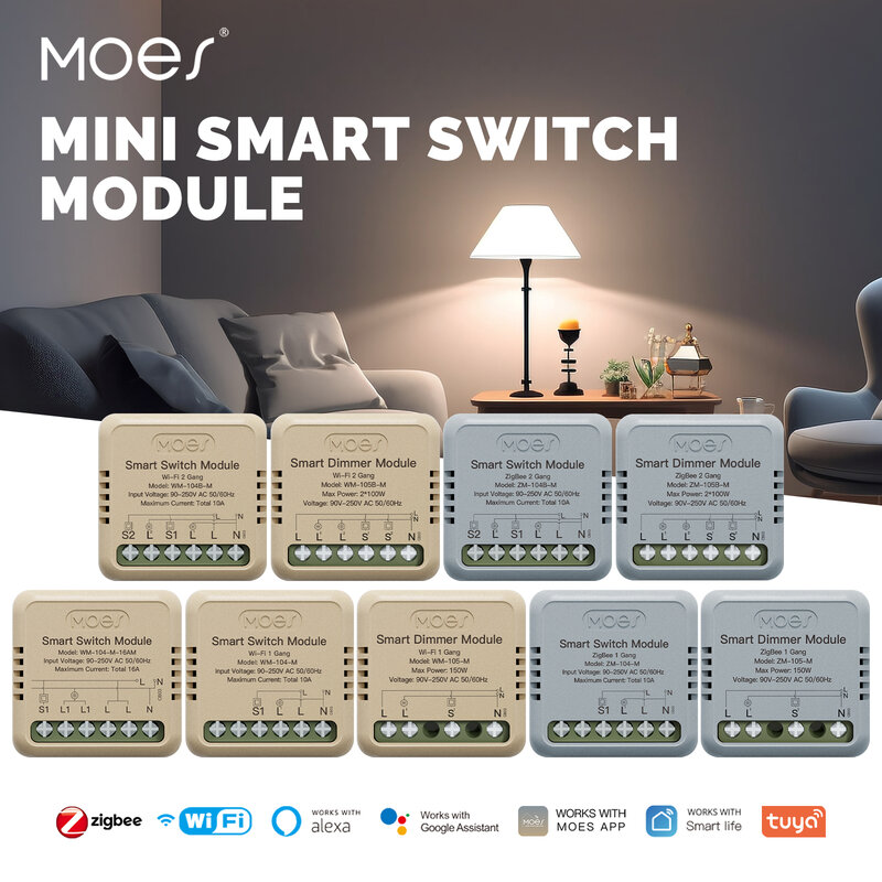 MOES-Mini Tuya WiFi Smart Switch, Zigbee, Gradateur Tech, DIY Light Switch, Télécommande 1/2 Gang, Fonctionne avec Alexa, Google Home