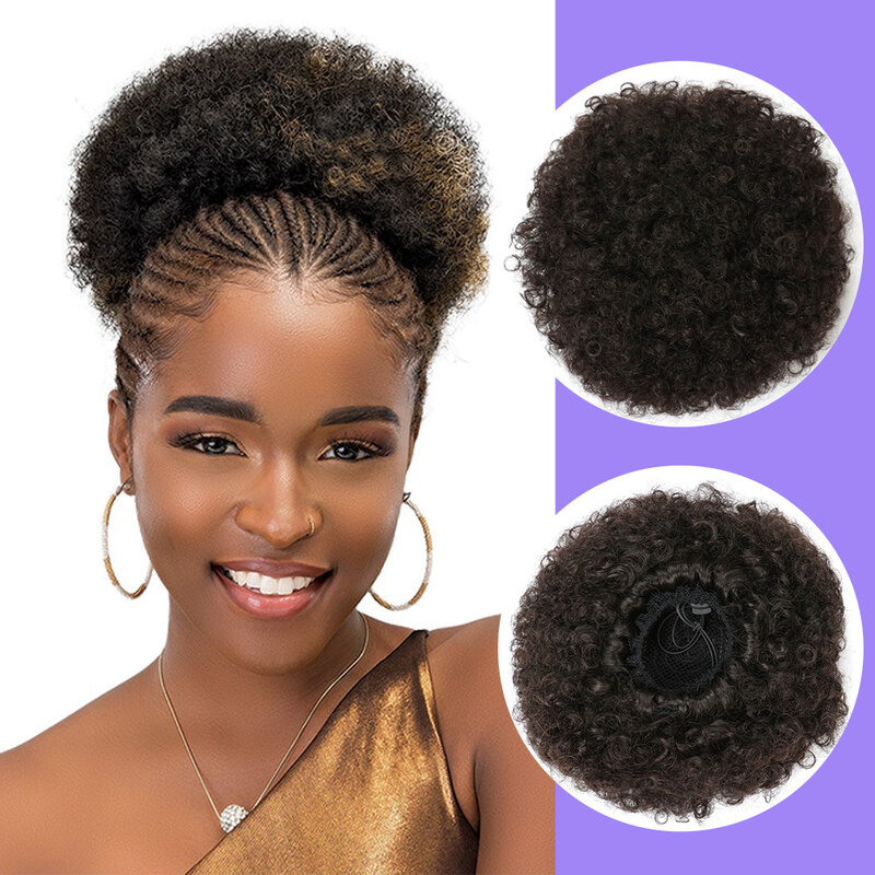 Włosy syntetyczne, Afro Bun Puff kucyk dla czarnych kobiet, Afro perwersyjne kręcone Chignon Hairpiece, klipsy do przedłużania