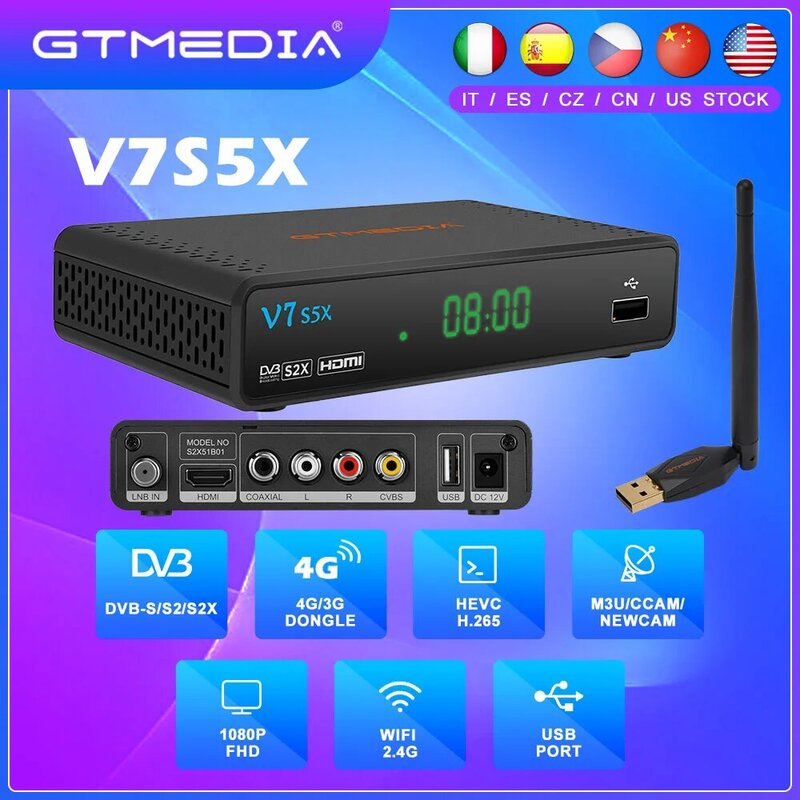 GTMEDIA V7S5X Satellite ตัวรับทีวี DVB-S2X/S2/S Full HD 1080P H.265พร้อมด้วย USB wifi Receptor สต็อกในสเปน