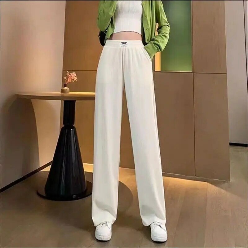 Letnie damskie cienkie, modne koreańskie luźne luźne spodnie z szerokimi nogawkami nowa jednolity wysoki talia lodowy jedwab kieszenie wyszczuplające proste spodnie
