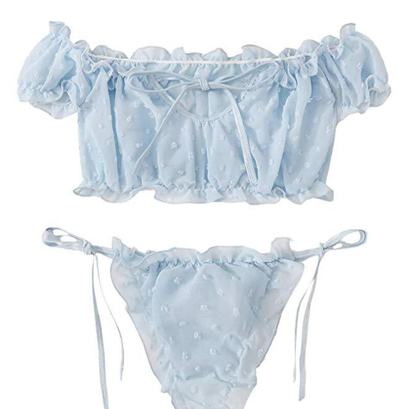Sexy Women Lace Lingerie Set Off Shoulder Bra Tight Up Thongs Set Ultra-thin Mesh Underwear Solid Lightweiight Erotic Nightwear