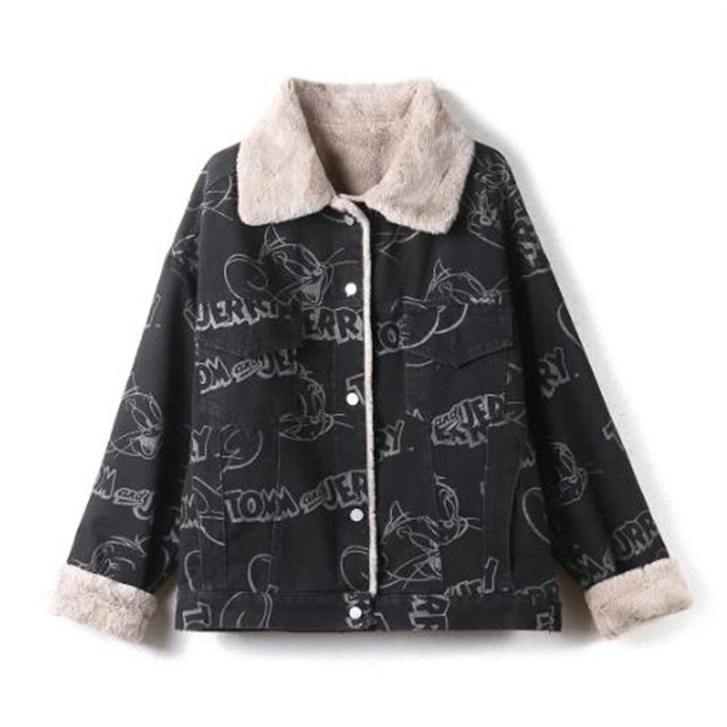 Women's Hepburn Woolen Stitching Denim Print Overcoat Warm Jackets Winter Coats Plus Velet New Fashion 2024