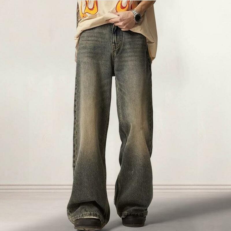 Męskie dżinsy z prosta szeroka nogawkami w stylu Retro w średnim wieku z zamkiem i guzikiem z spodnie, dół z kieszeniami w stylu Hip Hop na co dzień z długimi spodniami
