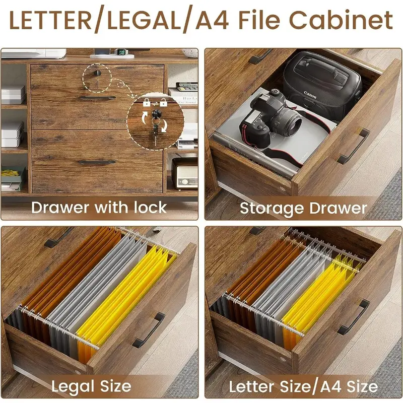 Lemari File 44 ", lemari arsip, Cocok, 2 laci lemari berkas untuk kantor rumah dengan kunci, Strip daya, 6 rak penyimpanan
