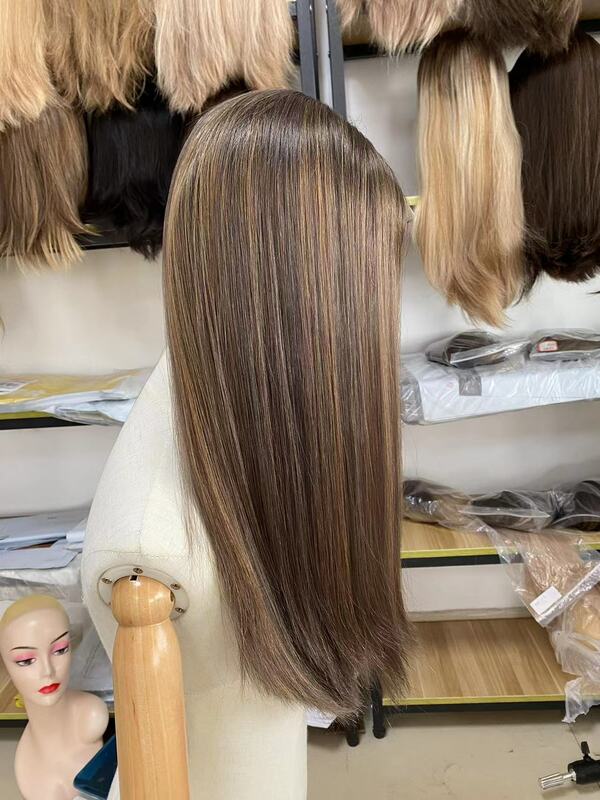Lindo cabelo virgem europeu 100% laço suíço superior peruca judaica kosher perucas cor marrom com destaques em estoque frete grátis