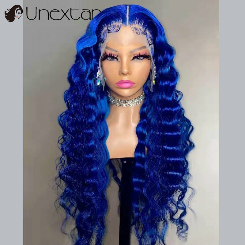 Remi-Peluca de cabello humano brasileño, postizo de encaje Frontal 13x4 con ondas profundas, Color azul, 200 de densidad, Hd