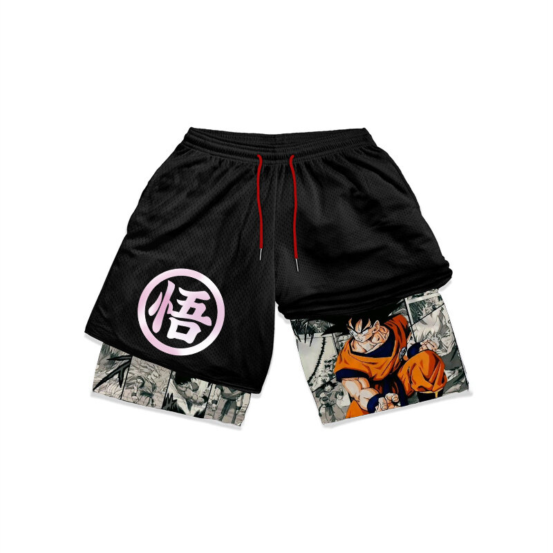 Pantalones cortos de Anime 2 en 1 para hombre, Shorts deportivos de secado rápido, informales, con estampado de gimnasio y Fitness, para verano