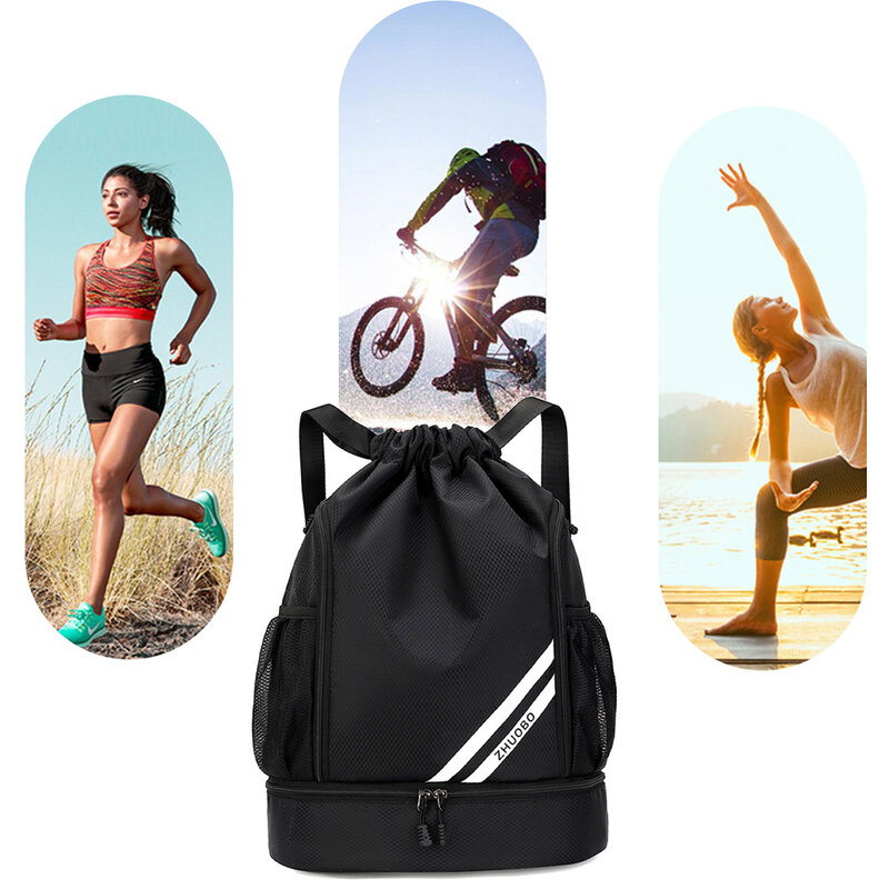 Mochila con cordón resistente al agua, bolsa de cuerda con bolsillos de malla para gimnasio, tienda, Yoga