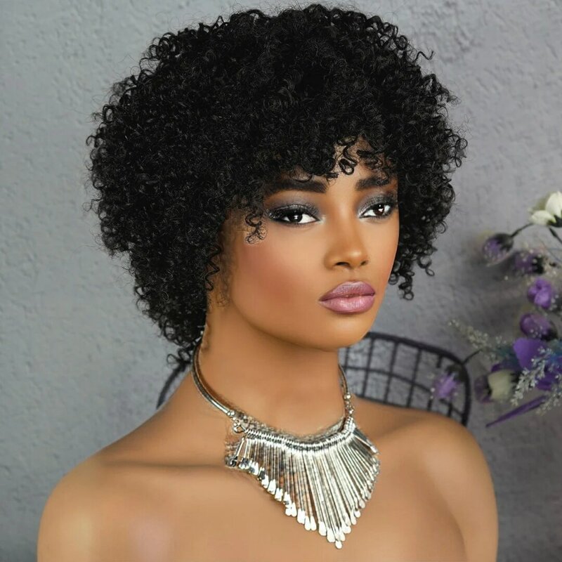 Perruque Bob Brésilienne Naturelle Remy, Cheveux Courts Bouclés, 8 Pouces, Noir Naturel, Degré de Chaleur, pour Femme Afro