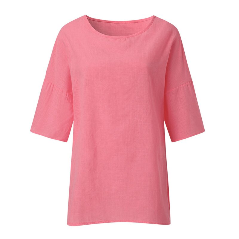 Camisa de lino y algodón para mujer, blusa holgada de cuello redondo, manga de siete, color sólido, cómoda e informal, talla grande, primavera y verano