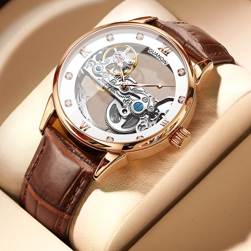Guanqin Marke Luxus mechanische Uhr für Männer Stahls chale ausgehöhlt Zifferblatt Herren uhren Edelstahl wasserdichte Herren uhr