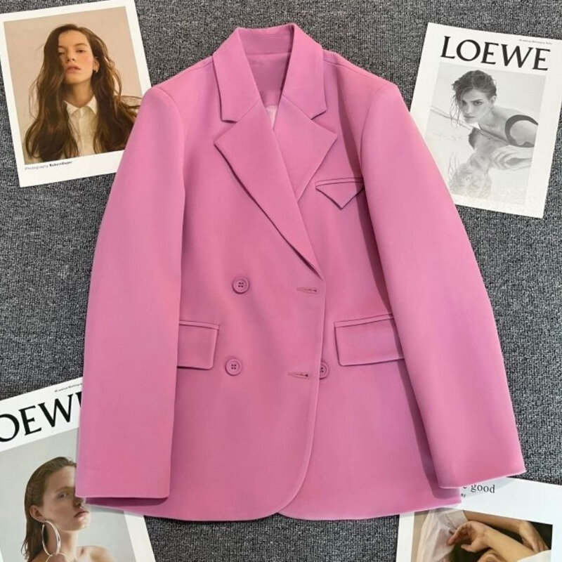 Women New Korean Solid Color Fashion Casual Long Sleeve Double-breasted Streetwear Office Lady Blazer Vintage Coat Top