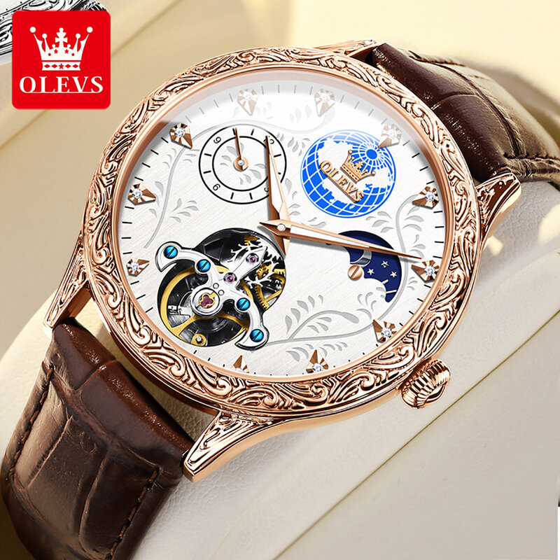 Olevs-男性用防水全自動機械式時計、高級質感の時計、月のフェーズ中空腕時計、発光ケース