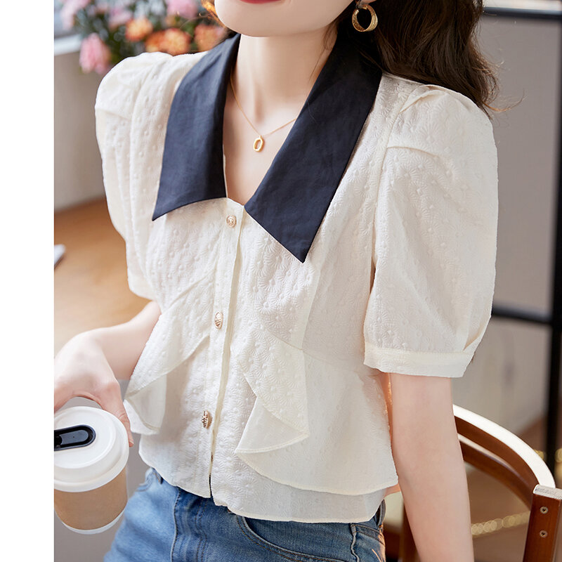 Летняя женская рубашка QOERLIN с пышными рукавами и коротким рукавом, новинка 2024, шифоновая блузка с отворотом и оборками, облегающие Короткие топы, рубашка, укороченный топ