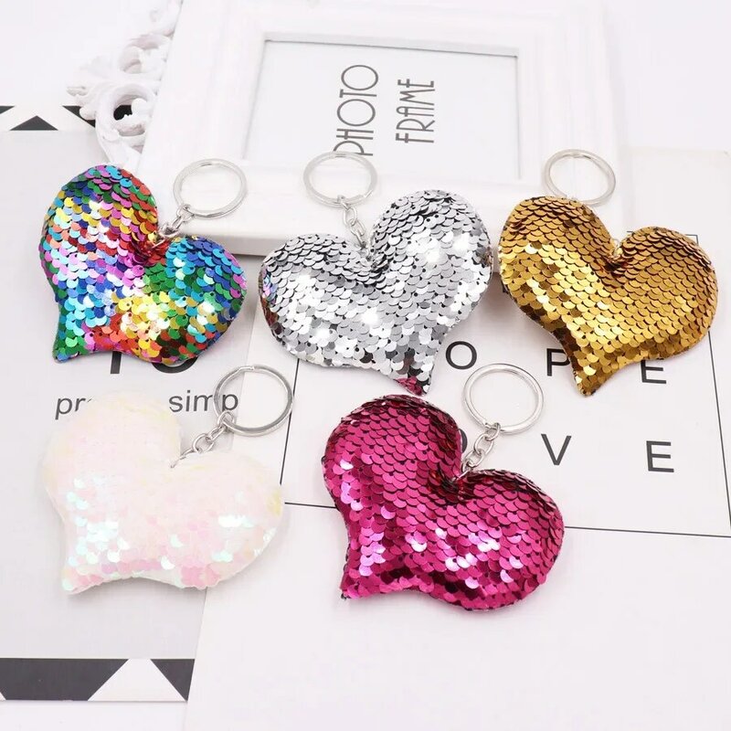 1PCS Cute Heart Keychain Glitter Pompom Sequins Key Ring Gifts for Women Llavero Chaveros Charms Car Bag Accessories Key Chain