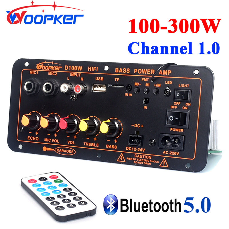 Woopker Papan Amplifier Bluetooth D100W Max 300W 220V/12V/24V AMP Digital Mendukung Mikrofon Ganda Pemutar MP3