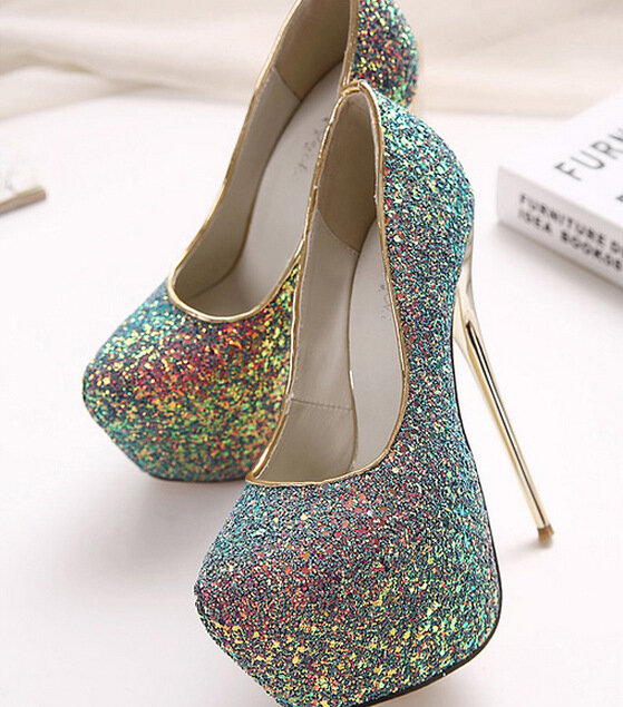 New Sexy High-heeled shoes Platform Ultra High Heels Woman Pumps Thin heel sequins Classic Sequins Party Dress Shoes Large size