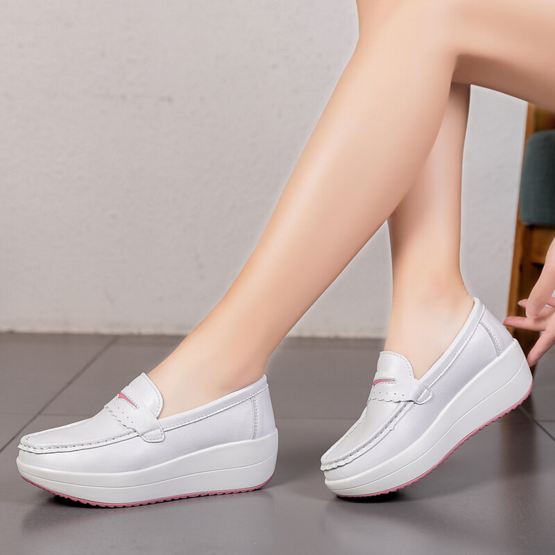 STRONGSHEN damskie buty na koturnie casualowe mokasyny miękkie pielęgniarki buty robocze oddychające wygodne antypoślizgowe białe buty do karmienia