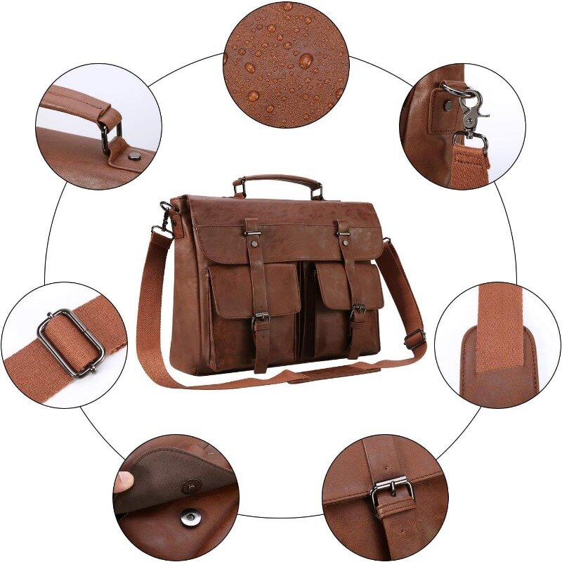 Tas kurir kulit untuk pria, tas koper Laptop Vintage 15.6 inci