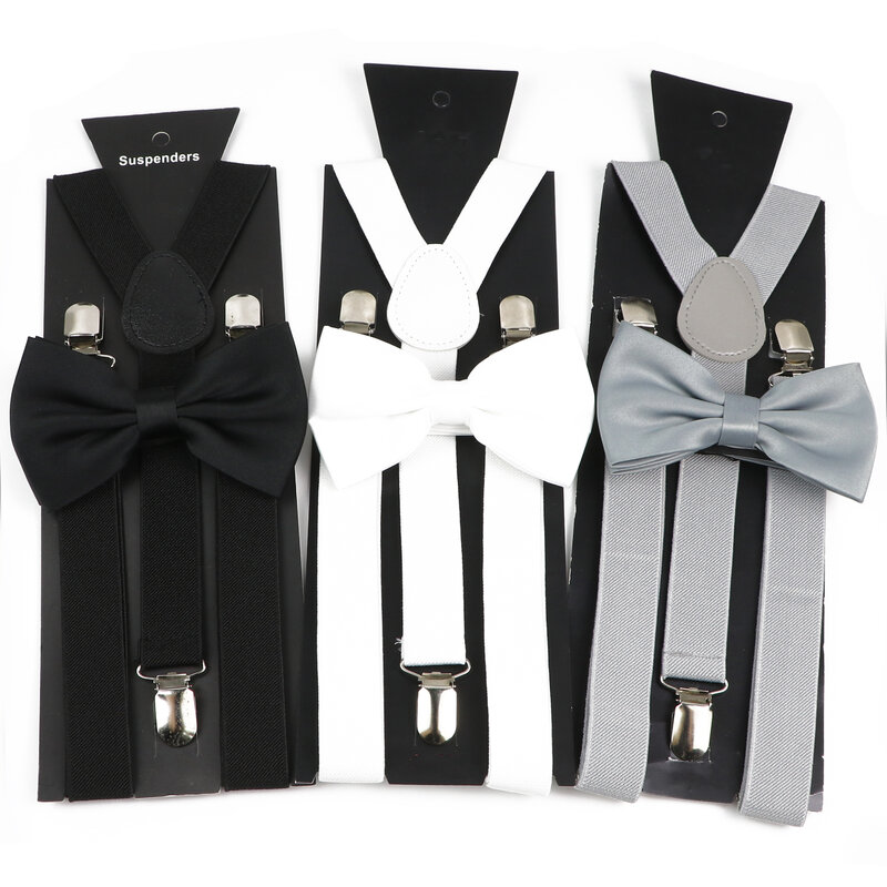 Mode Klassieke Witte Grijze Jarretel Bowtie Sets Voor Heren Kinderen Elastische Y-Back Bandjes Vlinder Bruiloft Groomsman Accessoire