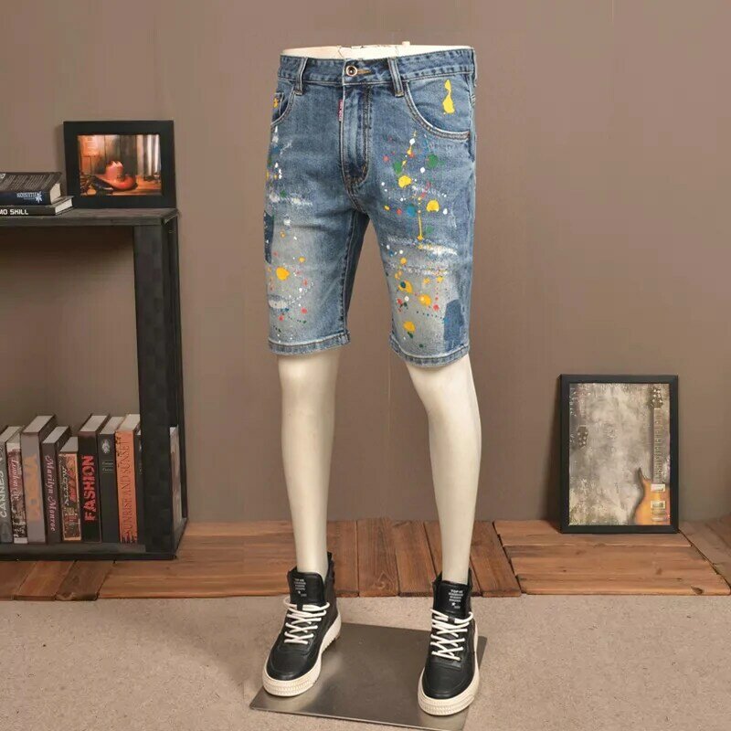 Модные дизайнерские короткие джинсы для мужчин, синие Стрейчевые Узкие рваные джинсы в стиле ретро с принтом, дизайнерские раскрашенные джинсовые шорты в стиле хип-хоп