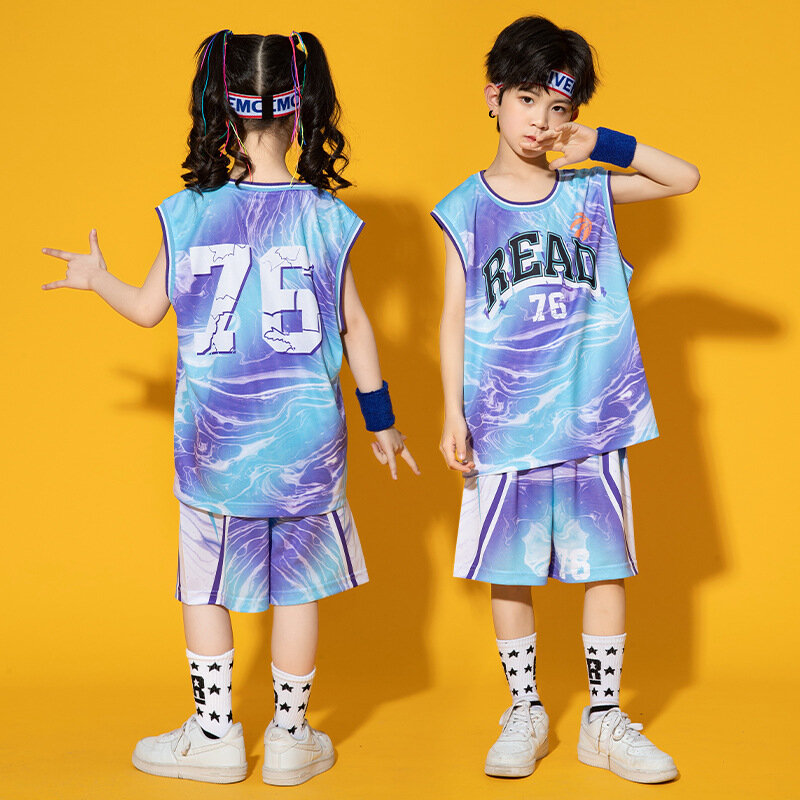 Детская одежда в стиле хип-хоп, быстросохнущая майка с принтом для баскетбола, летние шорты для девочек и мальчиков, костюм для джазовых танцев, комплект одежды